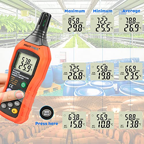 Protmex PT6508 Temperature Humidity Meter, Digital Thermometer Hygrometer Monitor with Ambient, Dew Point, Wet Bulb for Indoor/Outdoor MIN, MAX, Data Hold, LCD Backlight - size: PT6508