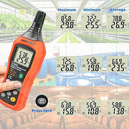 Protmex PT6508 Temperature Humidity Meter, Digital Thermometer Hygrometer Monitor with Ambient, Dew Point, Wet Bulb for Indoor/Outdoor MIN, MAX, Data Hold, LCD Backlight - size: PT6508