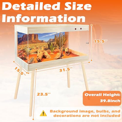 ROYXEN Reptile Tank 34 Gallon, Bearded Dragon Tank with Leg Stand, Tempered Glass Reptile Enclosure, Lizard Tank for Chameleon, Lizard Habitat (Oak, 32 Length Inch) - color: Oak, size: 32"x16"x15.5"