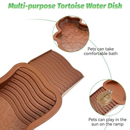 PINVNBY Large Reptile Bathing Pool Tortoise Water Dish with Removable Ramp and Leaf Reptile Food Dish & Water Bowl Tortoise Habitat Accessories for Turtle Lizard Gecko Snake (Red)
