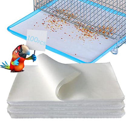 Firdnyohs 100PCS Bird Cage Liner Papers, Disposable Cage Paper Liners Precut Absorbent Cushion Pad Mat Accessories for Pet Bird Parrot (White)
