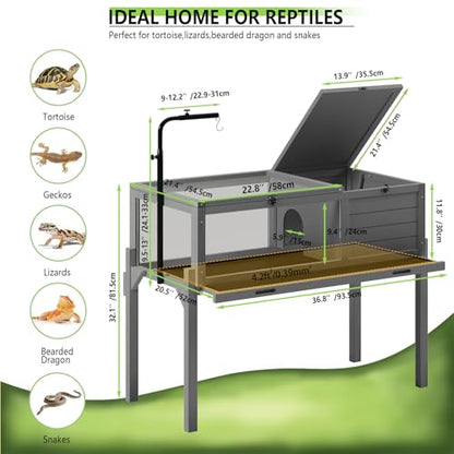 PRETZI Tortoise Habitat with Lamp Holder, Turtle Enclosure Indoor/Outdoor, Wooden House for Small Animals, Reptile Terrarium Table with Detachable Legs