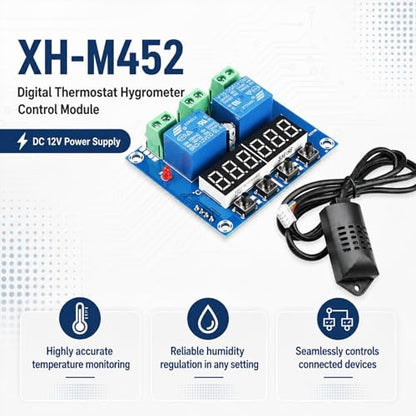 2 Packs Humidity Controller Digital Thermostat Hygrometer Control Module for DIY Furnace humidifier Upgrades and Incubation DC 12V Dual Relay Output 10A LED Display XH-M452