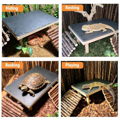Bearded Dragon Basking Platform with Climbing Ramp,Reptile Basking Rock Slate Stone,Wood Lizard Resting Platform Hide Cave Tank Accessories for Gecko Tortoise Snake Frog(Large) - size: L: 7.9"x 11.8"x 4.56"