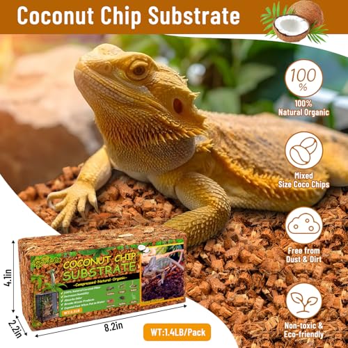 Riare 8 Pack Natural Coconut Chip Substrate for Reptiles- Compressed Coconut Husk Reptiles Bedding, Coco Husk Chip Terrarium Substrate for Snakes, Tortoises, Ball Python, Frogs, Bearded Dragon, Lizard - color: 8 pack