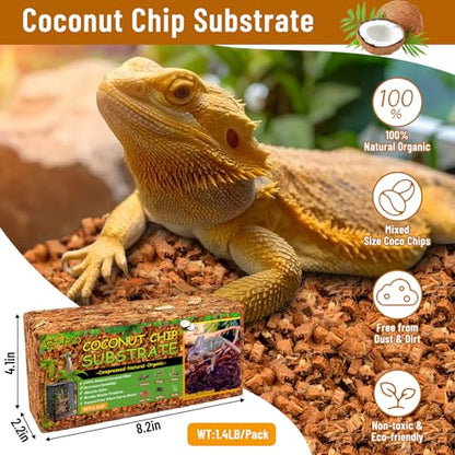 Riare 8 Pack Natural Coconut Chip Substrate for Reptiles- Compressed Coconut Husk Reptiles Bedding, Coco Husk Chip Terrarium Substrate for Snakes, Tortoises, Ball Python, Frogs, Bearded Dragon, Lizard - color: 8 pack