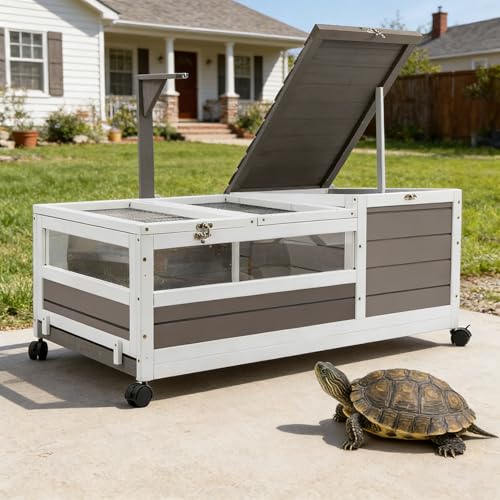 PetsCosset Tortoise Habitat Cage on Wheels with Lamp Stand & Pull-Out Waterproof Tray – Large Wooden Tortoise House, Indoor & Outdoor Reptile Enclosure 39" L x 23" W x 14" H Single Habitat - size: 39.0"L x 23.0"W x 14.0"H