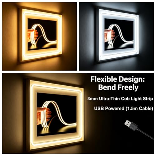 Ultra-Narrow 3mm USB COB LED Strip Lights Self-Adhesive, for Kitchen Cabinets, Bedroom, Gaming Desk (3000k Warm White, 2ft) - color: 3000k Warm white, size: 2ft