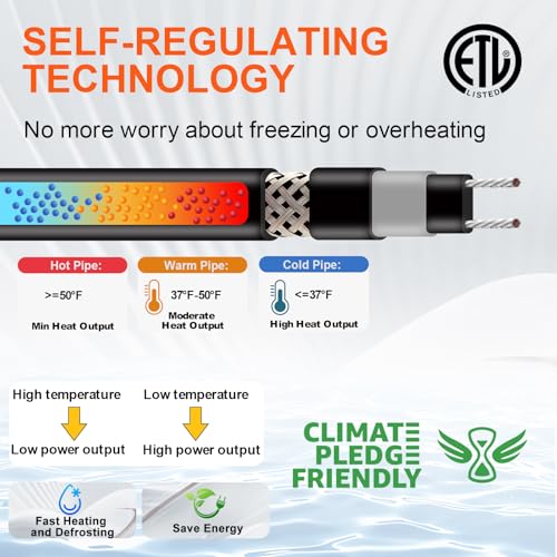 Superior Pipe Heat Cable for Pipe Freeze Protection, Self-Regulating Heat Tape for Pipes of Metal and Plastic, Energy-Saving Water Pipe Heat Cable Keeps Water Flowing at -40°F, 70Ft, 120V - style: 70-feet