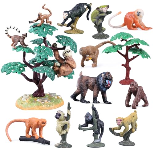 16Pcs Monkey Animal Figures Set, Assorted Wild Primate Toys with Sloth, Mandrill, Ring-Tailed Lemur Gorilla and Trees for Kids Educational Birthday Cake Decoration Party Favor School Projects - style: Monkey
