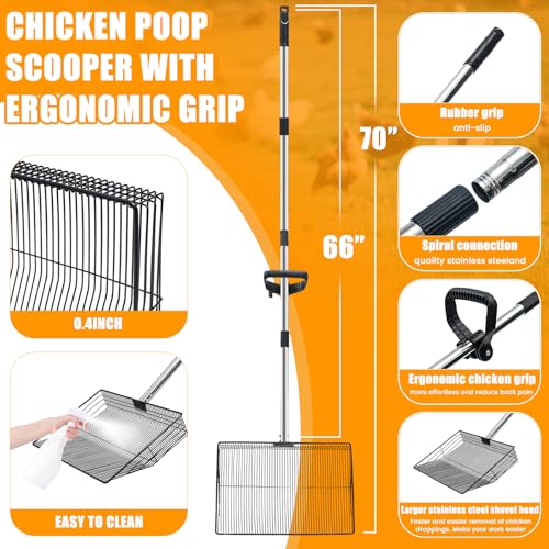 15inch Heavy-Duty Chicken Poop Scooper with Ergonomic Grip, Chicken Coop Scoop with Adjustable Stainless Steel Handle (24-70"), 4-in-1 Litter Sifting Shovel for Chicken Coop Accessories