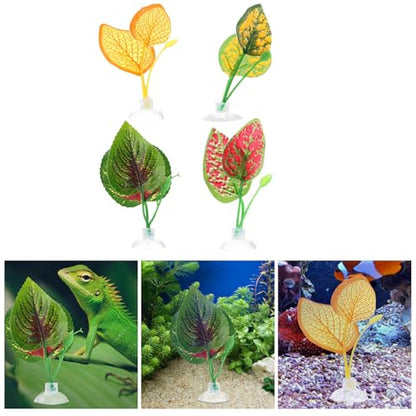 Hemoton 4pcs Artificial Reptile Terrarium Plants Leaves Decorations with Suction Cups, Vivid Landscaping Leaves for Turtle Lizard Chameleon Snake Habitat, Pet Box Ornament