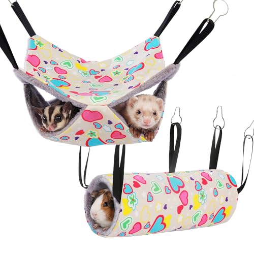 petonfun 2 Pack Ferret Rat Hammock for Cage,Large Sugar Glider Pouch Guinea Pig Bed,Pet Toys and Accessories Set for Play,Hanging Small Animal Tubes & Tunnels for Chinchilla Squirrel Hide, Grey Heart