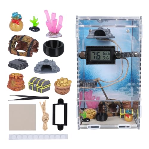 DIY Jumping Spider Enclosure,4.7"x4.7"x7.9" Escape-Proof Spider Terrarium,Small Invertebrate Acrylic Accessories Set,with Temperature and Humidity Detector,Platform,Hide,Tweezer,Feeding Bowl