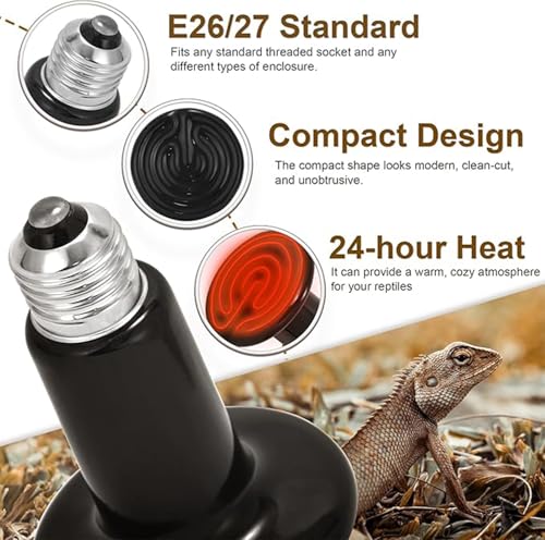 Sxminer 100W Ceramic Heat Emitter - Reptile Heat Bulbs with E26/E27 Base, 110V-130V, Infrared Heating Lamp for Reptiles, Chickens，Dogs, Cats & Small Pets - Safe,No-Light Heat Source (2-Pack Black)