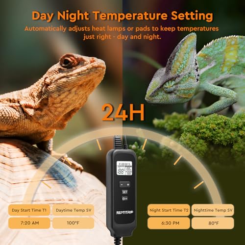 Reptile Dimming Thermostat, Adjustable Day and Night Temperature, Thermostat for Reptile Heat Lamp Heat Pad, PID Temperature Controller, Memory Function, ℉/℃ (Model: PT02A)