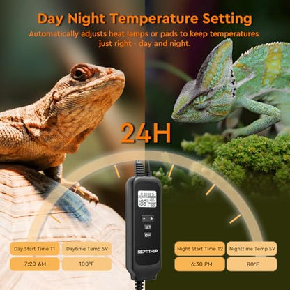 Reptile Dimming Thermostat, Adjustable Day and Night Temperature, Thermostat for Reptile Heat Lamp Heat Pad, PID Temperature Controller, Memory Function, ℉/℃ (Model: PT02A)
