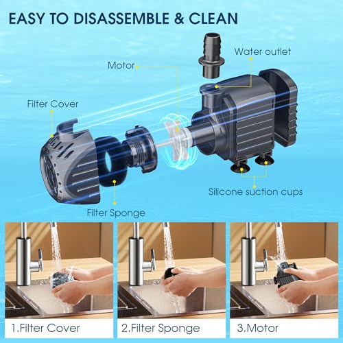 Ultra Quiet Submersible Water Pump 200GPH Size 3.2Lx2.5Wx2.8H in | Water Pump with Dry Burning Protection, 6.6ft Cord, 5.4ft High Lift for Fountains, Waterfall, Hydroponics, Aquariums KF203 - size: 200GPH