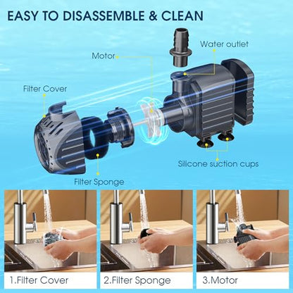 Ultra Quiet Submersible Water Pump 200GPH Size 3.2Lx2.5Wx2.8H in | Water Pump with Dry Burning Protection, 6.6ft Cord, 5.4ft High Lift for Fountains, Waterfall, Hydroponics, Aquariums KF203 - size: 200GPH