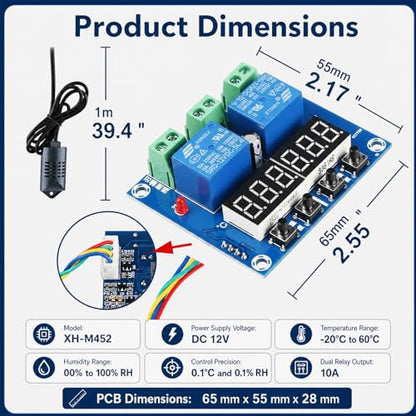 2 Packs Humidity Controller Digital Thermostat Hygrometer Control Module for DIY Furnace humidifier Upgrades and Incubation DC 12V Dual Relay Output 10A LED Display XH-M452