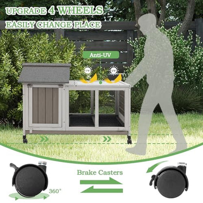 Gowoodhut 38.19"L Rabbit Hutch Indoor and Outdoor with 4 Wheels,Wooden Rabbit Cage with Pull Out Leak-Proof Tray for 1-2 Rabbits,Bunny Hutch with Asphalt Roof Suitable for Garden,Park,Living Room,Grey - size: PET30