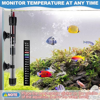 Dreyoo 2 Set 100W Submersible Aquarium Heater, Adjustable Aquarium Fish Tank Heater with 4 Thermometers Stickers and Suckers, Adjustable Knob Thermostat for Marine Saltwater and Freshwater