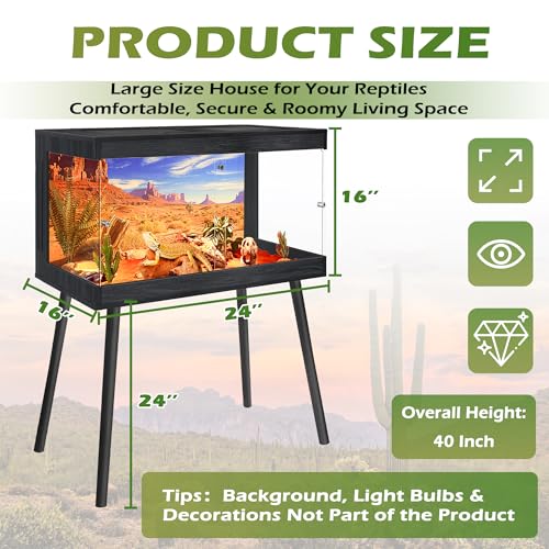 ROYXEN Bearded Dragon Tank with Leg Stand,24 Gallon Tempered Glass Reptile Tank with Metal Mesh Top, 3-Side Clear Anti-Scratch Glass Lizard Tank,Snake Tank for Reptile Habitat (Black,24" Length) - color: Black, size: 30Gal,24x16x16inch