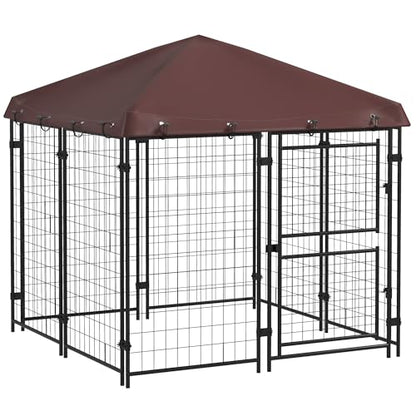 PawHut 4.6' x 4.6' x 5' Dog Kennel Outdoor with Waterproof Cover, Dog Playpen for Small and Medium-Sized Breeds, Chickens, Ducks, with Two Part Door Design, Brown