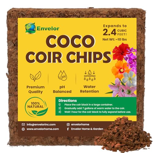 Envelor Coco Coir Chips Orchid Potting Mix 10 Lb Brick Mulch Potting Soil Indoor Plant Planting Chips Coconut Fiber Substrate Orchid Bark Growing Media Coir Husk Chips Compressed Coconut Coir - color: Coco Chips - 10 lb (2.4 Cu. Ft.) - 1 Pack