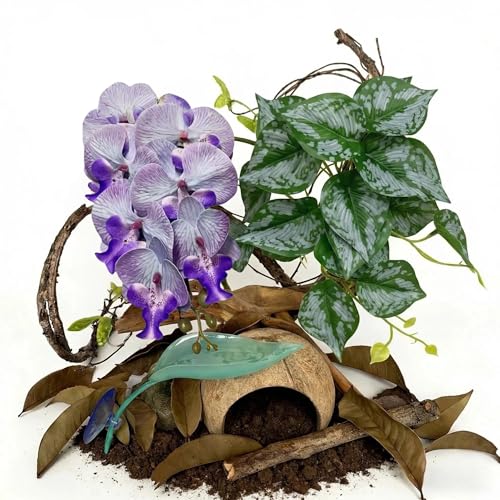 Crested Gecko Tank Decor Kit with Artificial Plants, Vine & Coconut Hide | 5PCS Rainforest Terrarium Set with Orchid & Leaf Platform, Gecko Habitat Accessories for Climbing, Hiding & Decor - color: Purple