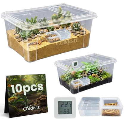 10 Pcs Reptile Breeding Box Kit & Snake Feeding Box, Portable Transparent Habitat for Spiders & Lizards, Small Reptile Enclosure with Plastic Feeder Dish, Thermometer Hygrometer & More