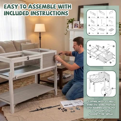 Large Tortoise Habitat with Adjustable Lamp Stand & Storage Shelf, Wooden Tortoise Enclosure with Viewing Window, Pull-Out Tray, 2-Room Reptile Turtle Enclosure House Indoor & Outdoor, Grey - size: 40.4"L x 23.0"W x 32.0"H