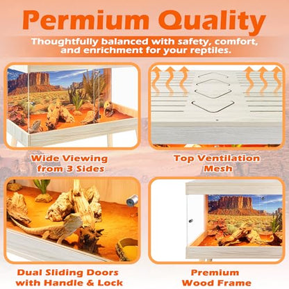 ROYXEN Reptile Tank 64 Gallon, Bearded Dragon Tank with Leg Stand, Tempered Glass Reptile Enclosure, Lizard Tank for Chameleon, Lizard Habitat (Oak,40 Length Inch) - color: Oak, size: 40"x20"x19.5"