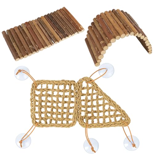 3PC Reptile Hammock, Bearded Dragon Hammock, Climbing Set with Wooden Ladder, Ideal for Reptile Habitat Enrichment, Includes Triangle and Square Pads for Lizards, Geckos, Tortoises