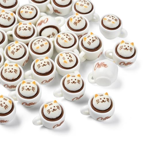 30 pcs Mini Resin Coffee Cup Figurines Imitation Drink Food Kitchen Set Cat Coffee Mug Dollhouse Ornaments for Micro Landscape Party Decor - color: White and Brown