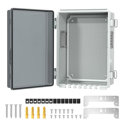 Joinfworld Outdoor Waterproof Electrical Junction Box 11.8x6.7x5.6 | WiFi Enclosure, Vented Electric Box, Plastic Clear with Mounting Panel, Cable Grommet, Stainless Steel Dust Screen - size: Medium