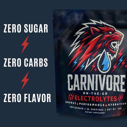 Premium Hydration Powder for Carnivore Diet - Balanced Electrolyte Support, Zero Sugar, Zero Carb, Keto Friendly - Supplement for Optimal Energy & Recovery - 20 Stick Packets Per Pouch (Unflavored)