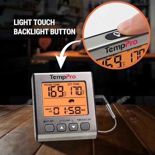 TempPro Digital Meat Thermometer for Cooking and Grilling, BBQ Food Thermometer with Backlight and Kitchen Timer, Grill Temperature Probe Thermometer for Smoker, Oven, Baking,Oil(Previously ThermoPro) - color: Light Silver