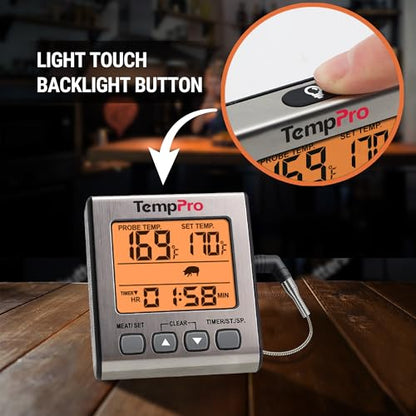 TempPro Digital Meat Thermometer for Cooking and Grilling, BBQ Food Thermometer with Backlight and Kitchen Timer, Grill Temperature Probe Thermometer for Smoker, Oven, Baking,Oil(Previously ThermoPro) - color: Light Silver