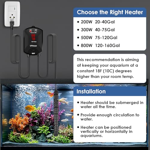 Aquarium Heater 300W Fish Tank Heater with External Thermostat (Dual Digital Display), Turtle Heater for Tanks 40-75 Gallons, Dry-Run/Overheating Protection and Memory Function