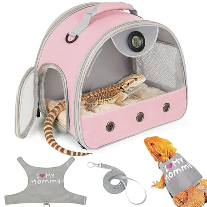 Bearded Dragon Travel Backpack Carrier with Reptile Thermometer and Humidity Gauge Lizard Travel Cage Space Capsule Clear Bubble Window Astronaut Reptile Bag for Ball Python (Pink, Carrier+I LSH) - color: Pink, size: Carrier+I LSH