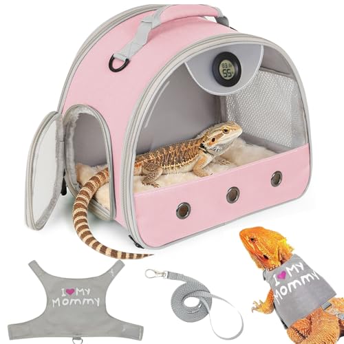 Bearded Dragon Travel Backpack Carrier with Reptile Thermometer and Humidity Gauge Lizard Travel Cage Space Capsule Clear Bubble Window Astronaut Reptile Bag for Ball Python (Pink, Carrier+I LSH) - color: Pink, size: Carrier+I LSH