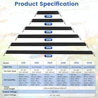 AQQA Aquarium Plant Light Full Spectrum LED Fish Tank Light IP68 Waterproof with 24/7 Natural Mode & DIY RGBW Mode, 9 Colors & 10-Level Brightness Adjustable, 6 Timer Settings for 48"-55" Tank (55W) - size: 48-55inch