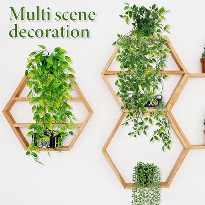SHENLIU Artificial Hanging Plants for Shelf, 4 Pack Fake Potted Greenery Plant Faux Eucalyptus Vine, Mandala Vine, String of Pearls, Pea pod Leaves in Pot for Office Home Garden Indoor Outdoor Decor