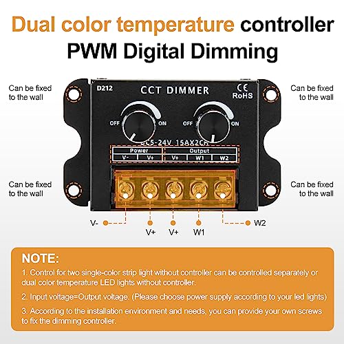 RGBZONE Dual Channel CCT LED Dimmer, DC 5V/12V/24V 30A PWM Dimming Controller, Warm White & Cool White Knob Brightness Adjustment for 5050 3528 LED Strips - color: CCT