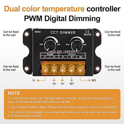 RGBZONE Dual Channel CCT LED Dimmer, DC 5V/12V/24V 30A PWM Dimming Controller, Warm White & Cool White Knob Brightness Adjustment for 5050 3528 LED Strips - color: CCT
