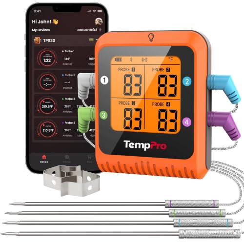 TempPro 650 ft Bluetooth Meat Thermometer with 4 Color-Coded Probes, Wireless Meat Thermometer Digital Wireless with Timer, Utensils Rechargeable for Smoker Oven, Cooking Gift for Dad Him Husband - style: 4 Probes
