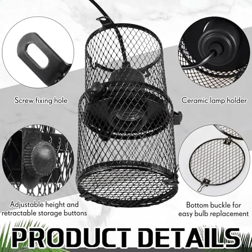 VIHOSE Retractable Reptile Heat Lamp Holder, Ceramic Heat Emitter Lamp-Cage with Adjustable Anti-Scald Mesh Cage Heating Lamp Stand for Pet Amphibian Snake Lizard Frog Chick, Without Bulb(Black) - color: Black