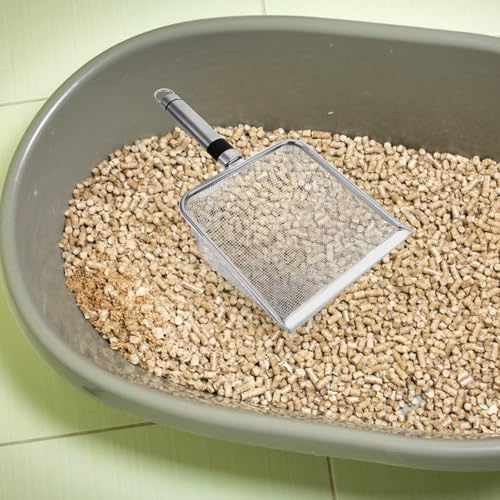 Kisangel Stainless Steel Cat Litter Scoop 11.22 Inch Mesh Sifter Metal Litter Box Scooper for Fast Clumping Waste Removal Non-Stick Surface 1 Pack for Home and Pet Store Use