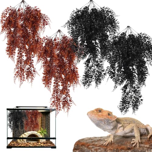 Hamiledyi Reptile Plants Hanging Terrarium Plants 4 Pack Fake Artificial Leaves with Suction Cup for Snake, Lizard, Chameleon (Red & Black) - color: 2 Pcs Black +2 Pcs Red Reptile Plants